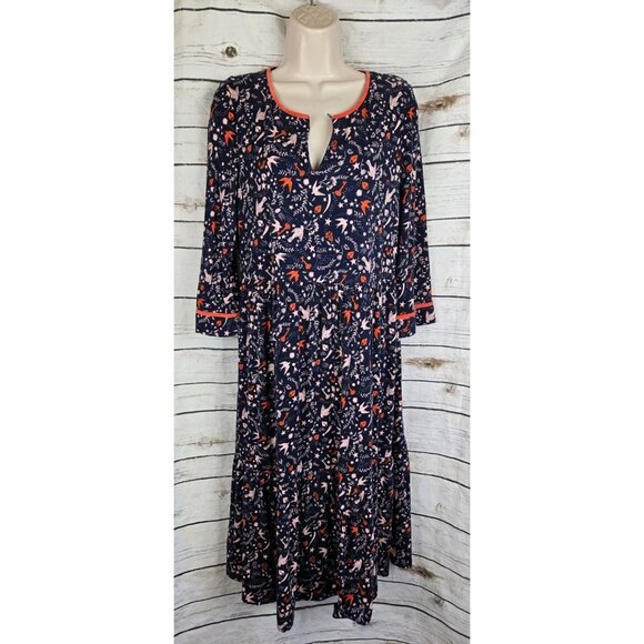 Boden Navy Blue Bird Print Dress US8L UK12L Midi Viscose Knit - Picture 1 of 9